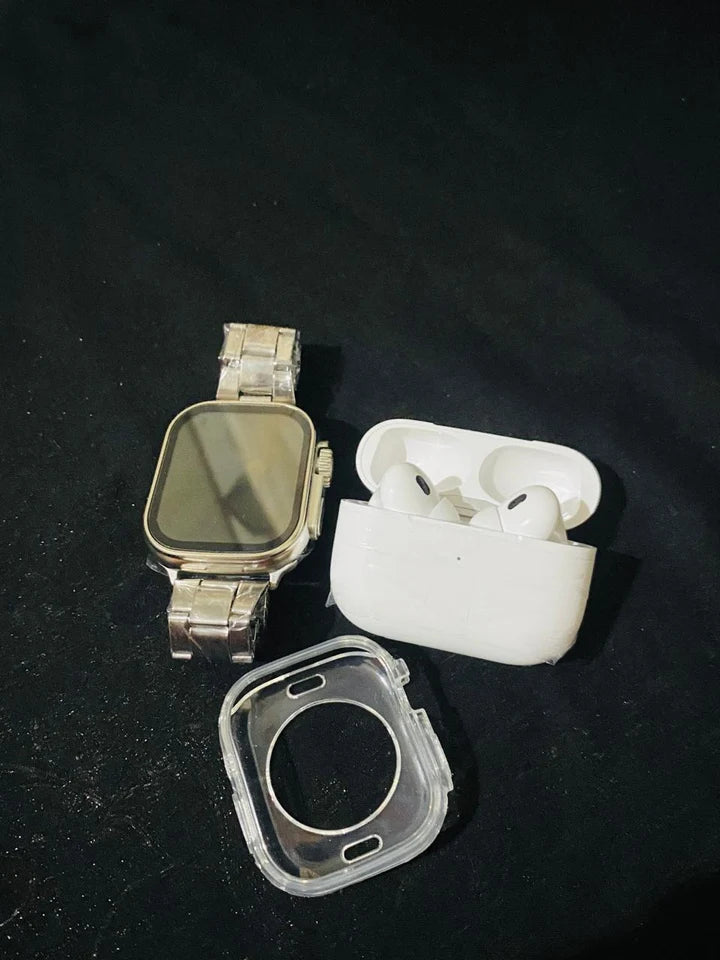 Auronix i20 Ultra Max 10-in-1 smart watch bundle with multiple watch faces and accessories displayed on a white background.