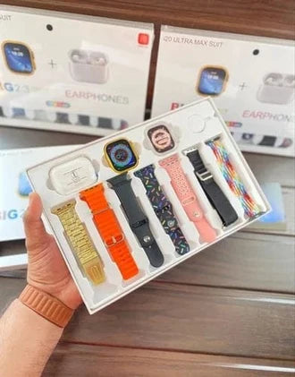 Auronix Store i20 Ultra Max 10-in-1 Smart Watch bundle displaying multiple watch faces and accessories on a white background.