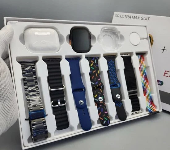 Auronix i20 Ultra Max 10-in-1 Smart Watch bundle showing multiple smart watches with digital displays and adjustable straps.